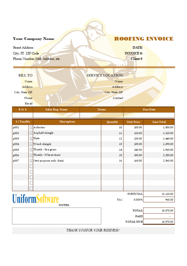 Invoicing Template for Roofing Service