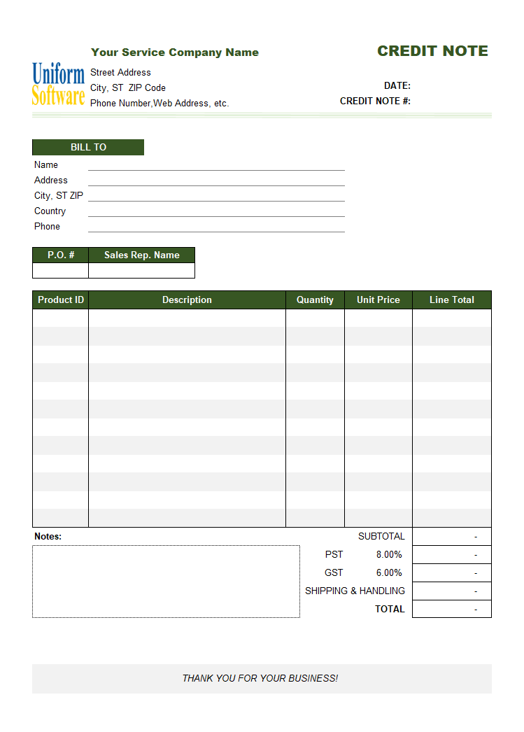 Service Credit Note Template