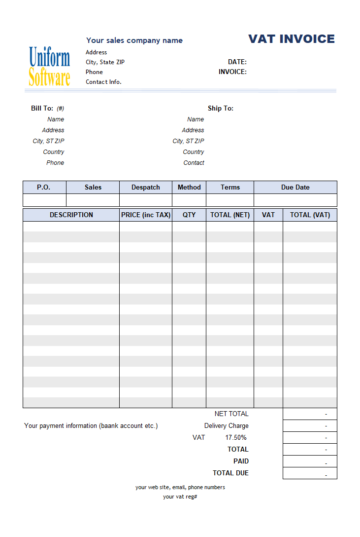 VAT Sales Invoicing Template - Price Including Tax