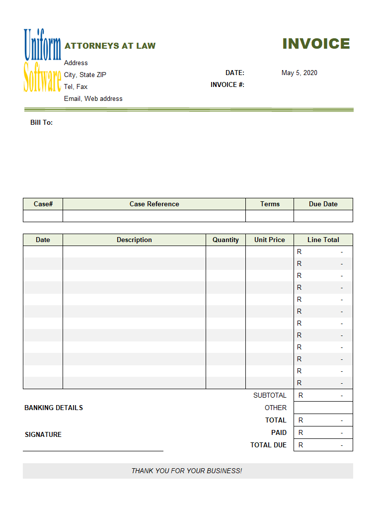 Attorney Invoice Template (South Africa Currency)
