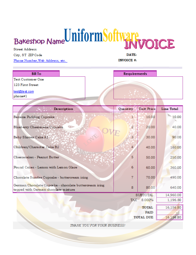 Invoicing Template for Bakery and Cake Shop