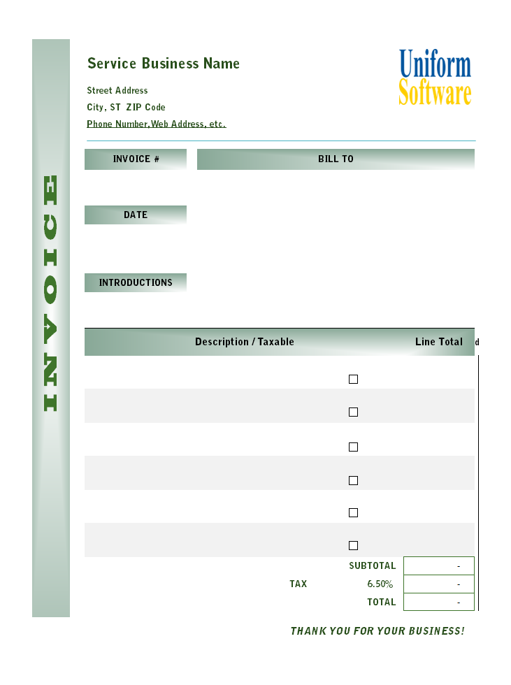Blank Service Invoice with Green Gradient Design