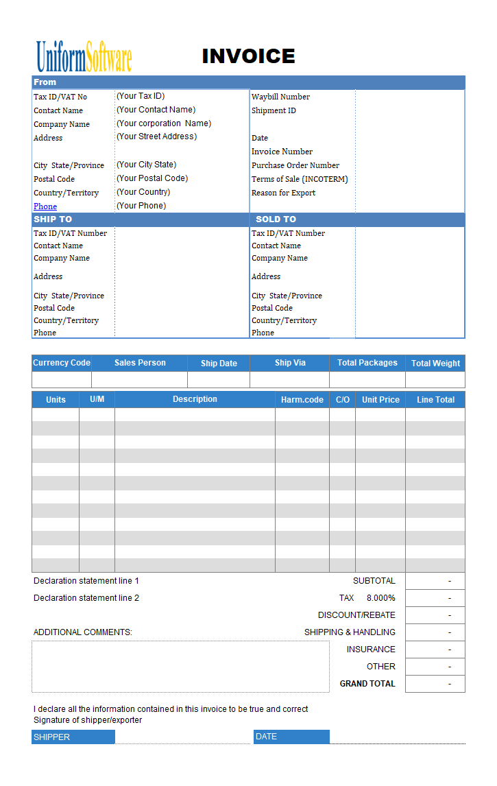 Commercial Invoicing Template (UPS Style)