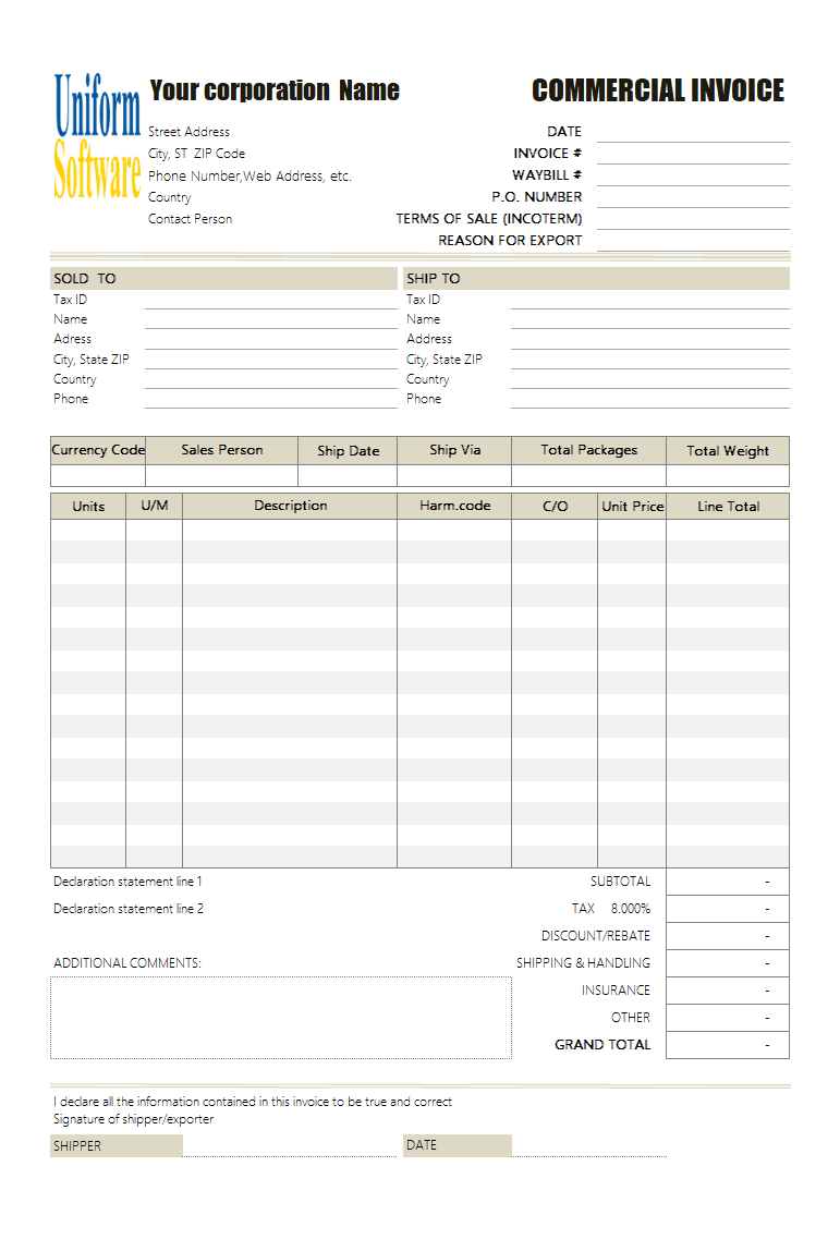 Commercial Invoice for Export in Excel