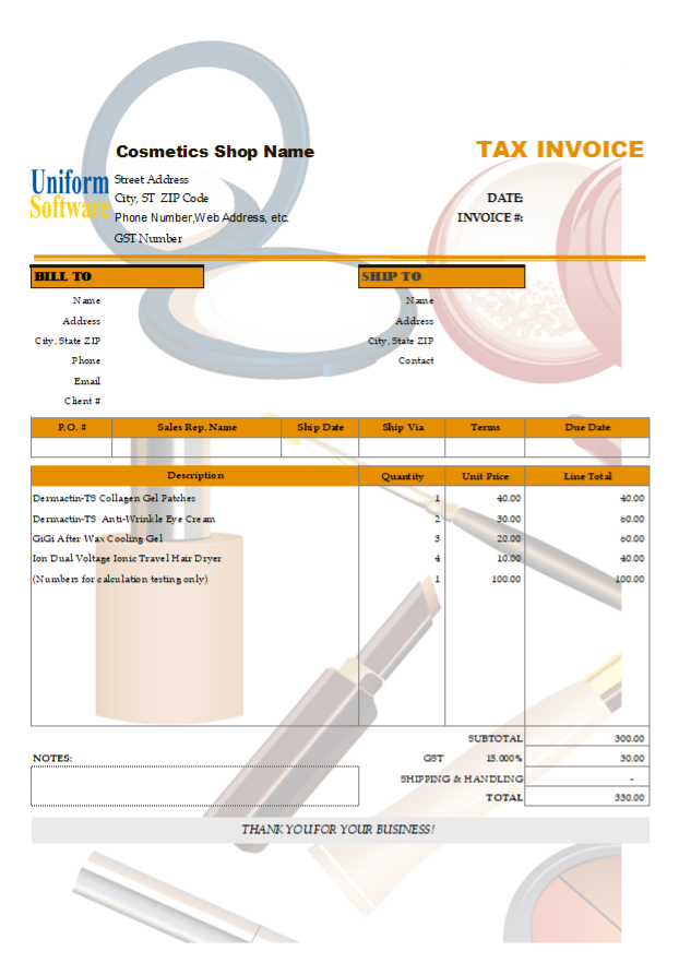 Billing Template for Cosmetics Shops