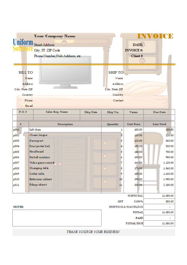 Editable Bill Sample for Furniture and Appliances