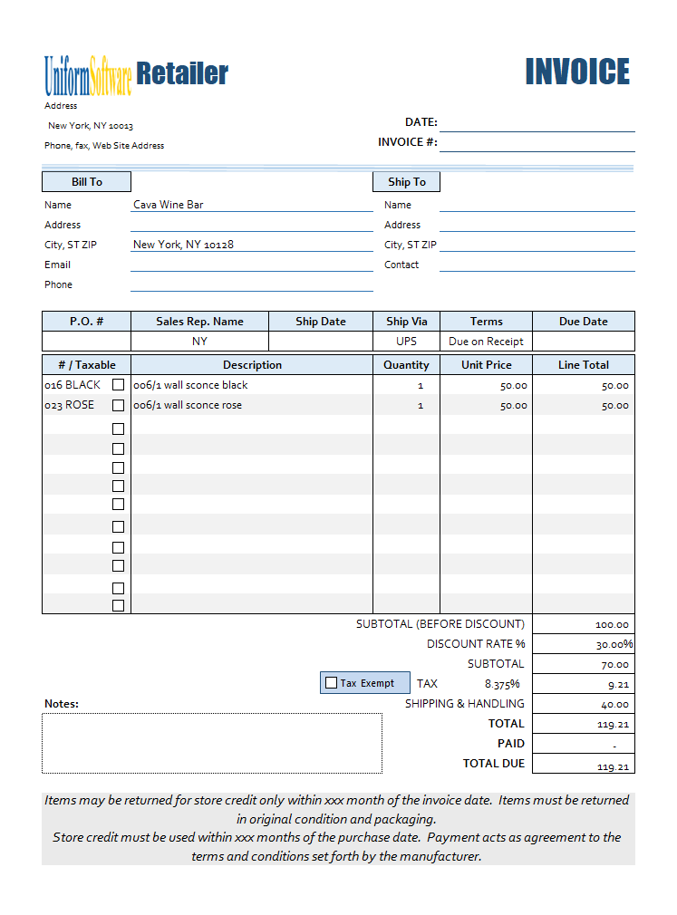 Excel Retail Invoice Template