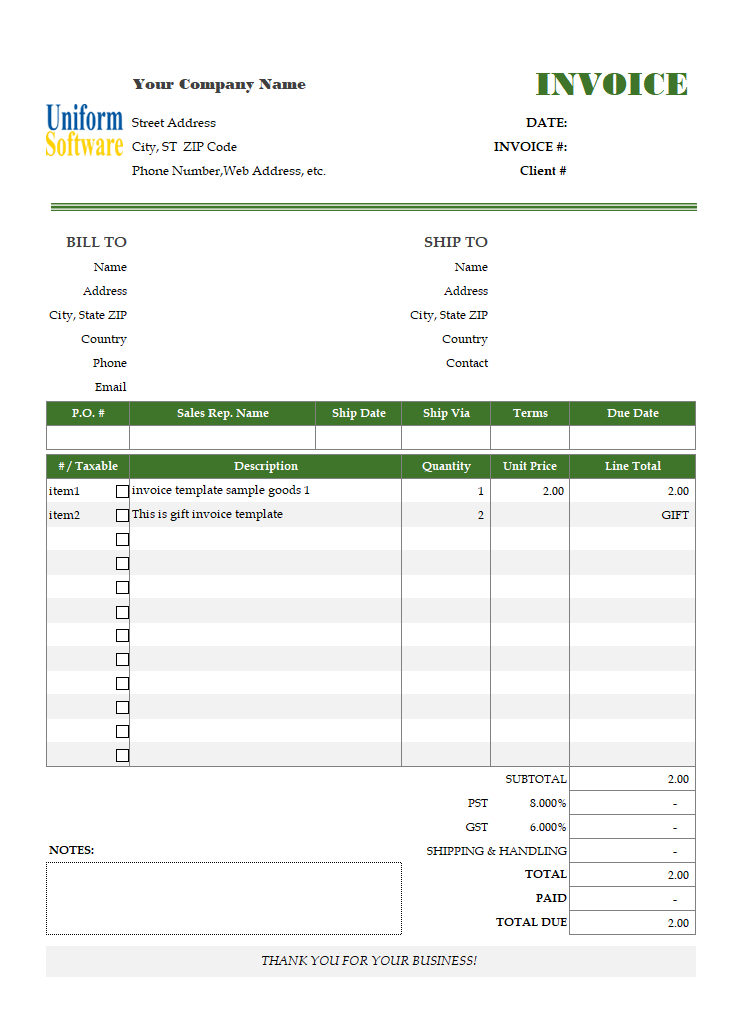 Gift Invoice Template