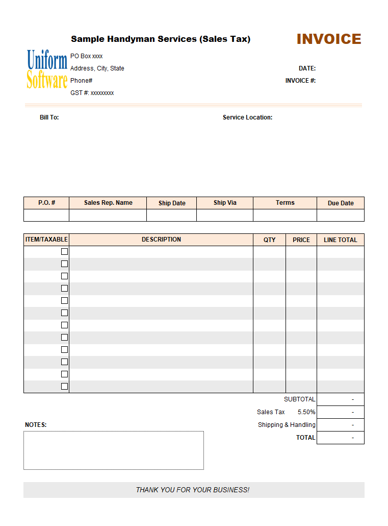 Handyman Invoice Template (Sales Tax)
