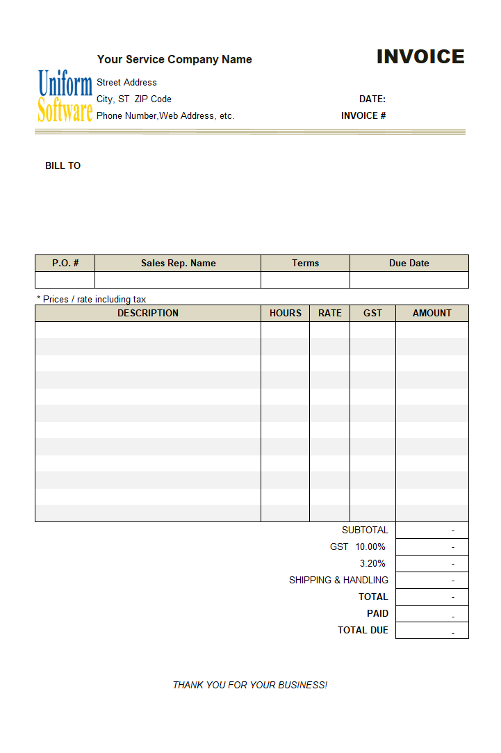 Hourly Service Bill Sample (Price Including Tax)