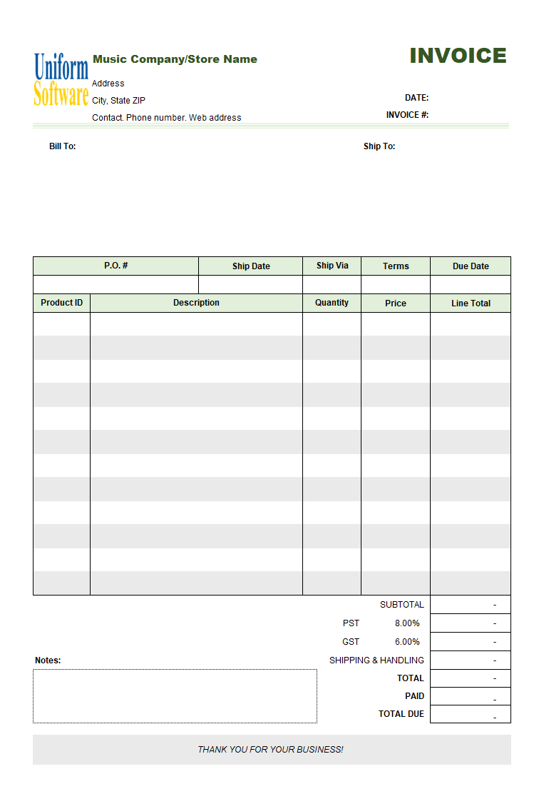 Music Store Invoicing Form (Retail)