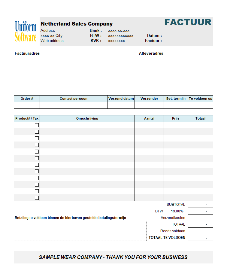 Netherlands Sales Invoice Template 2