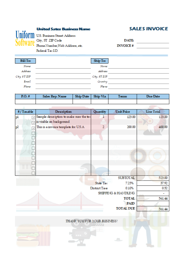 Sales Invoice Template for United States