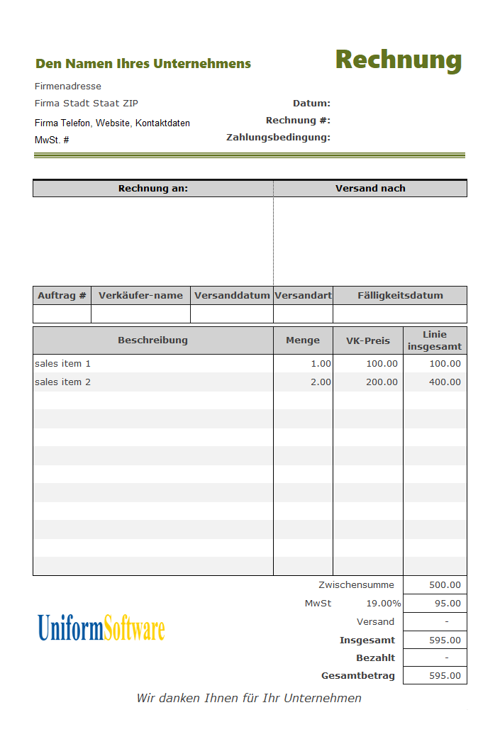 Sales Invoicing Example for Germany