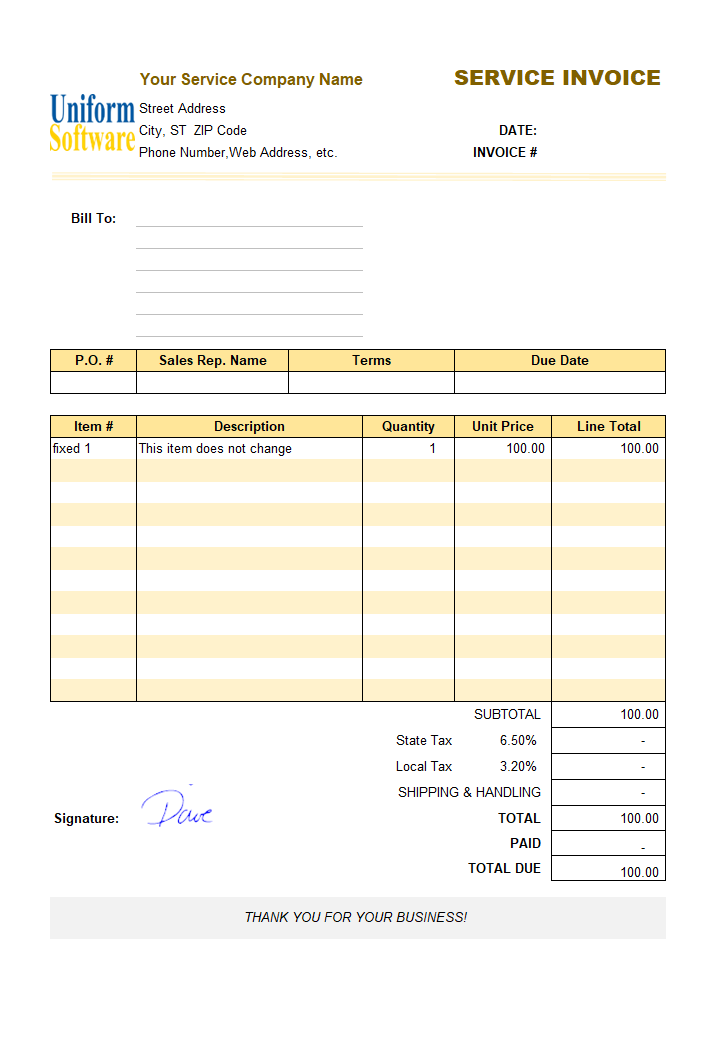 Sample Service Invoice Template: Fixed Items