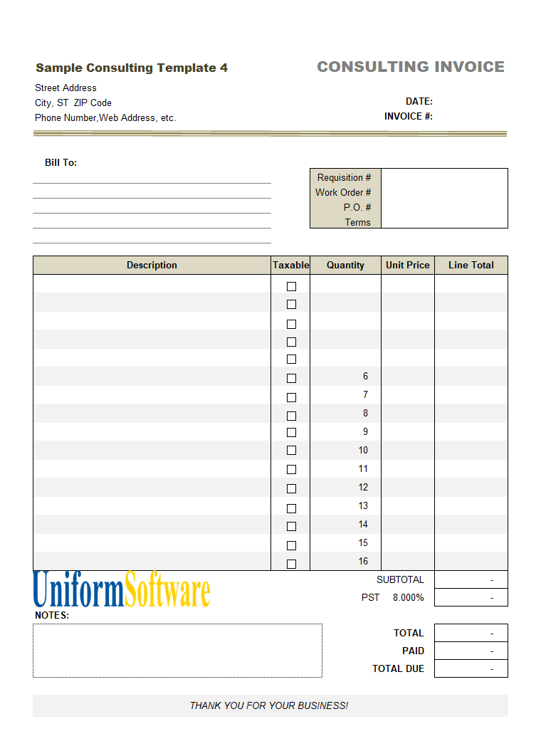 Consulting Invoice Template (4th Sample - Taxable Column)