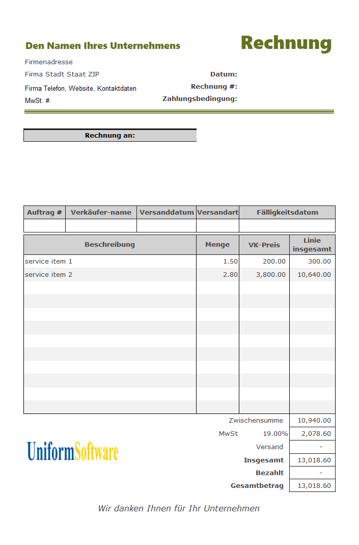 Service Invoicing Template for Germany