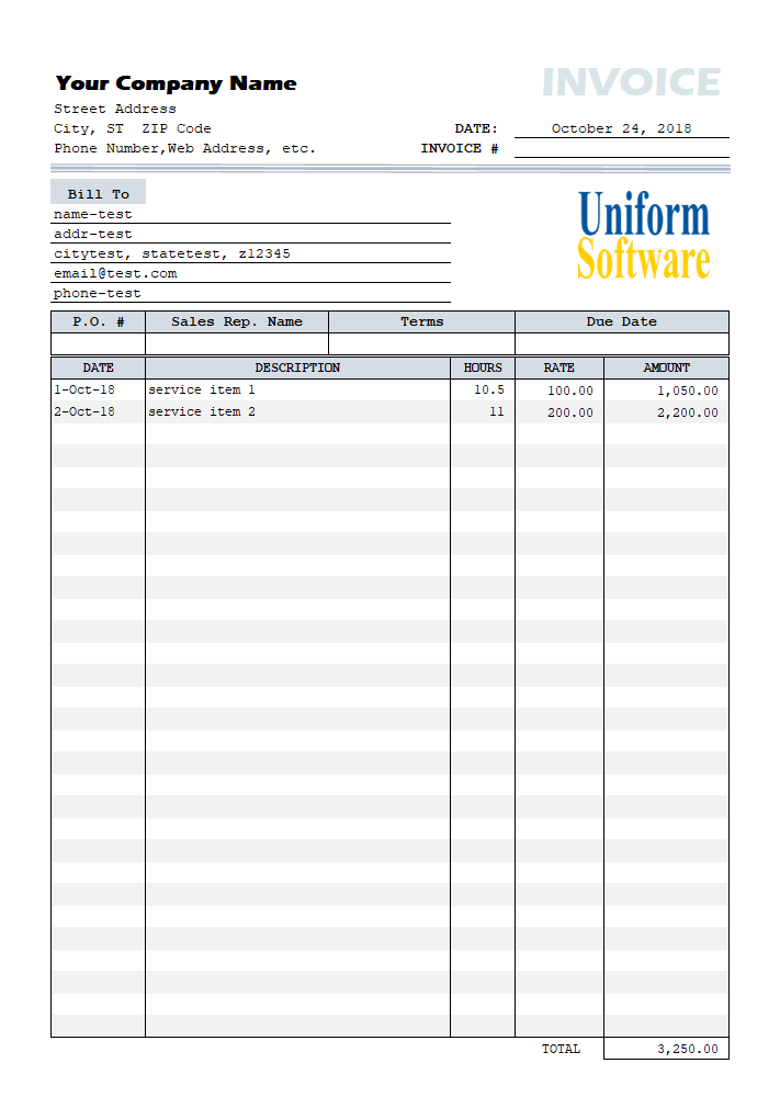 Simple Hourly Rate Service Bill with Date Column