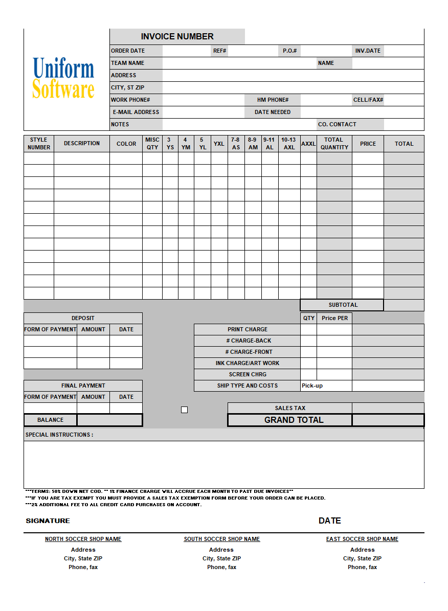 Invoicing Form for Soccer Shop