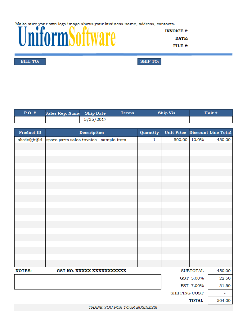 Spare Parts Sales Invoice Template