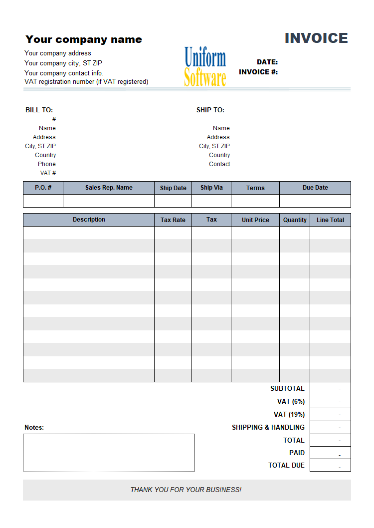 VAT Billing Template with VAT Rate and Amount Column