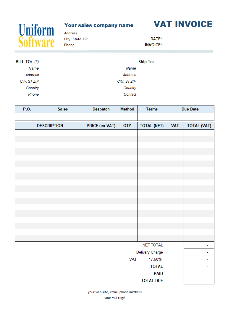VAT Sales Invoicing Template - Price Excluding Tax