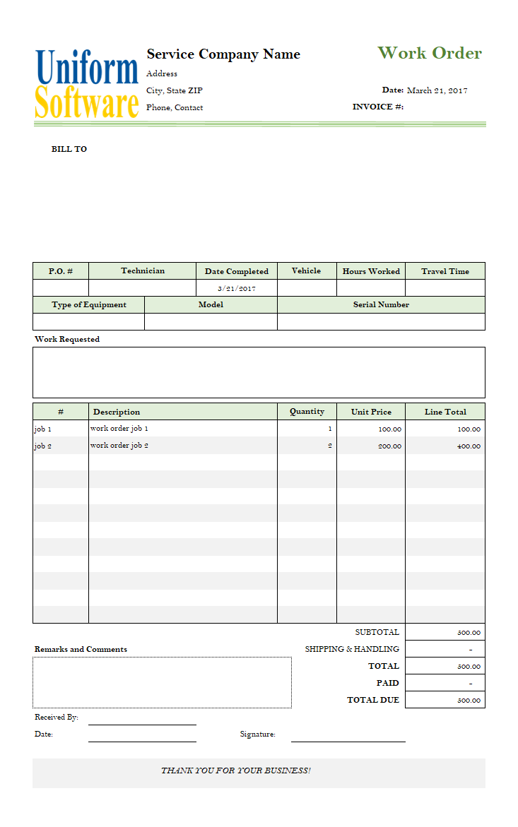 Work Order Template - Free Invoice Templates for Excel / PDF