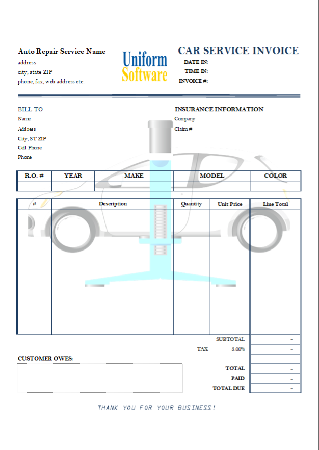 Auto Repair Service Invoice with Car Lift Background Image