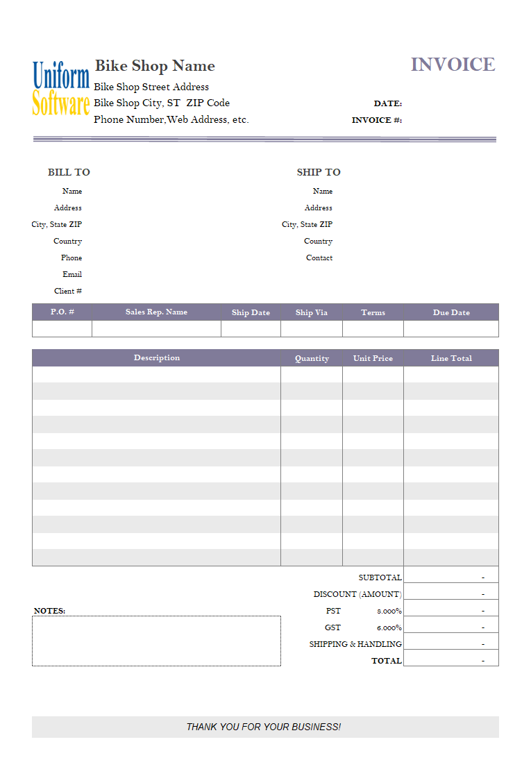 Invoicing Layout for Bike Shop