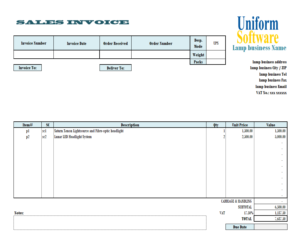 Invoicing Template for Lamp / Lighting Business