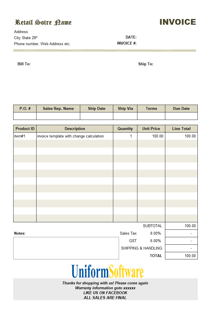 Invoice Template with Change Calculation