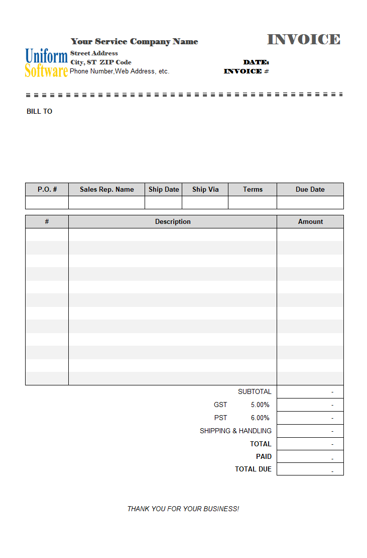 Blank service invoice template for Excel
