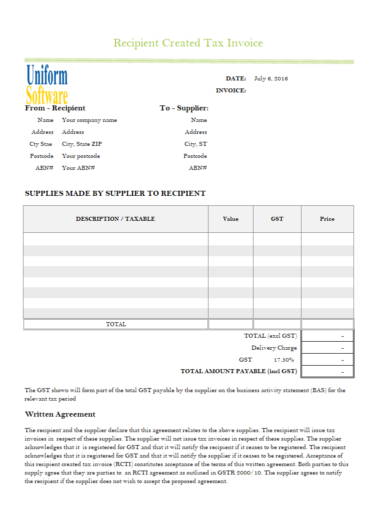 Template for Purchaser Created Tax Invoices 