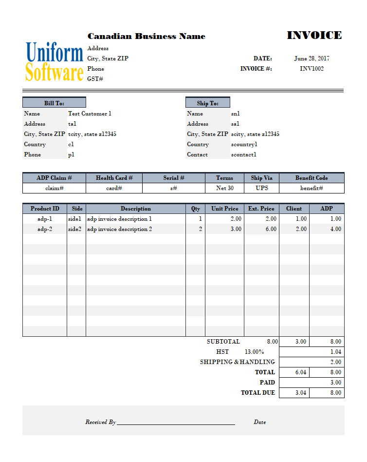 ADP Invoice Template for Canada
