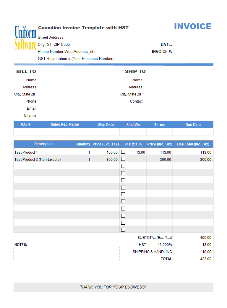 Canadian Invoice Template with HST