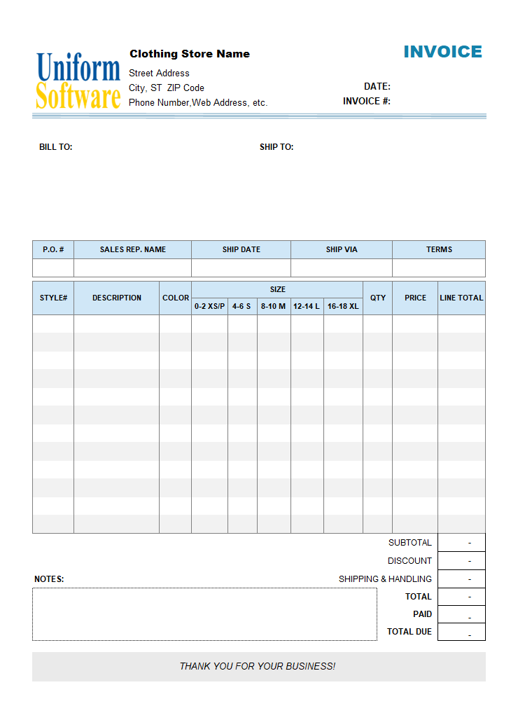 Clothing Store (Manufacturer) Invoice Format with Item Pickup Buttons