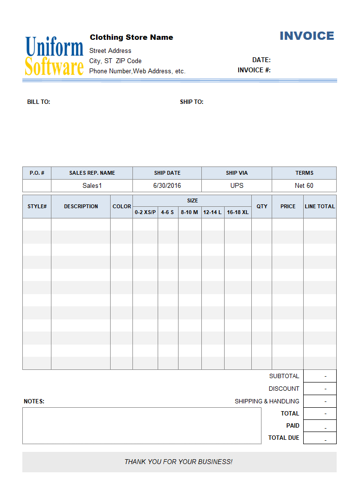 Clothing Store (Manufacturer) Invoice with Size Breakdown