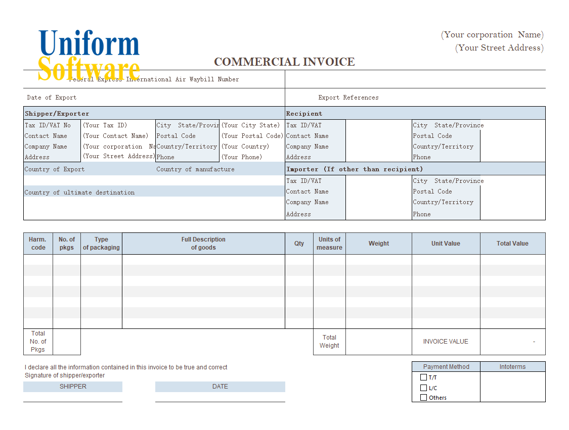 Commercial Template Format - Complete Incoterms Option