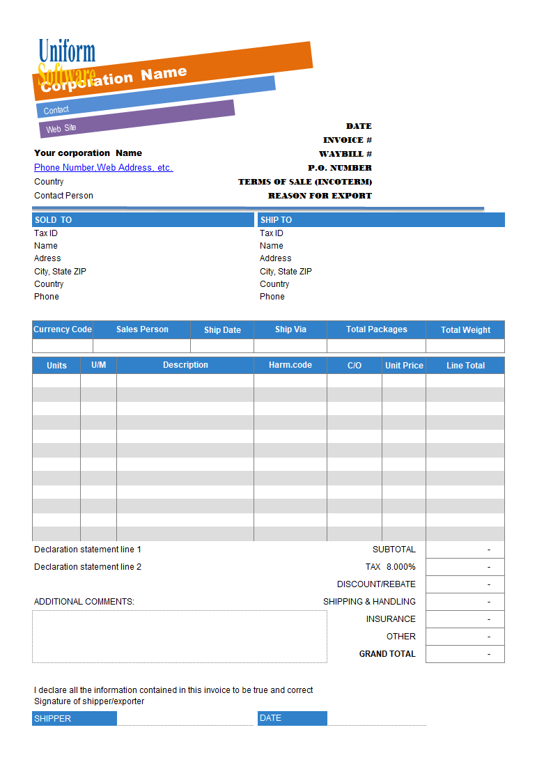 Commercial Invoice Template with Colorful Business Name