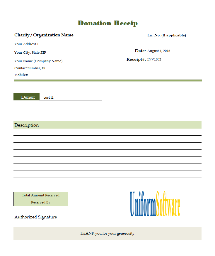 Donation Receipt Format for Excel