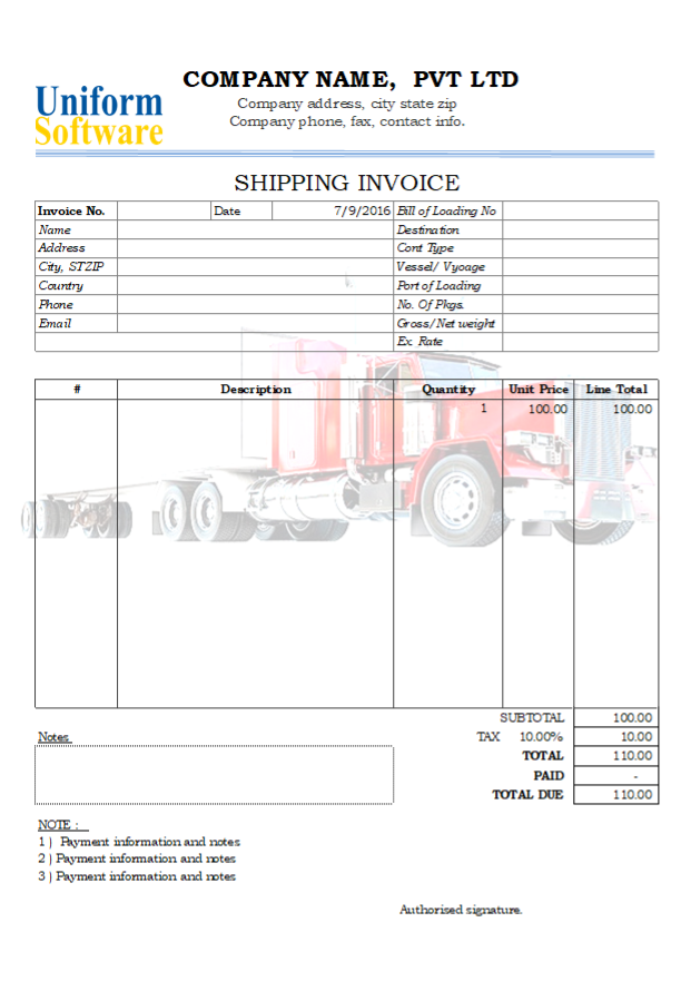 Excel Shipping Invoice With Printable Truck Background Image