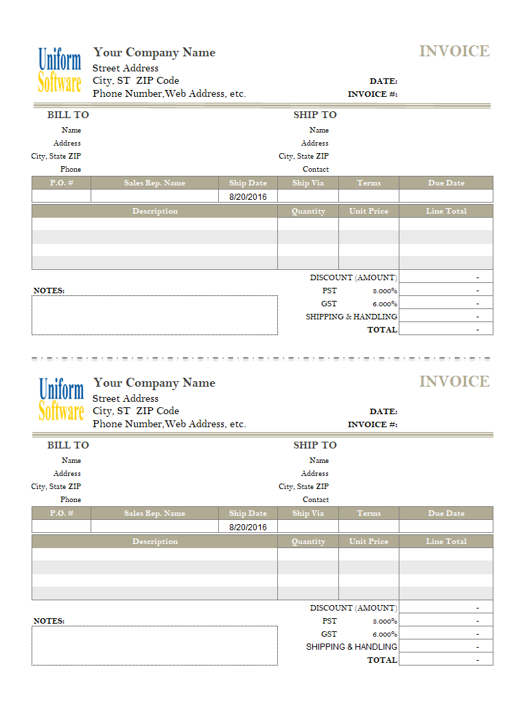 5.5 Inch X 8.5 Inch - 2 Invoices On One Template