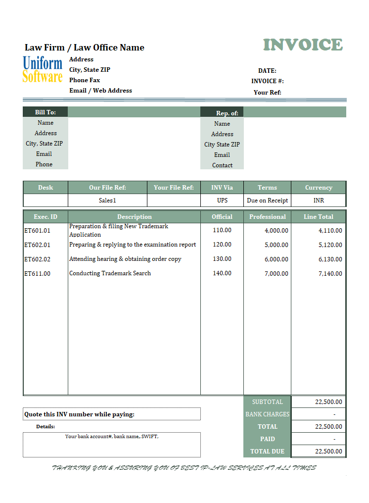 Law Firm Invoice Template (Indian INR Currency)