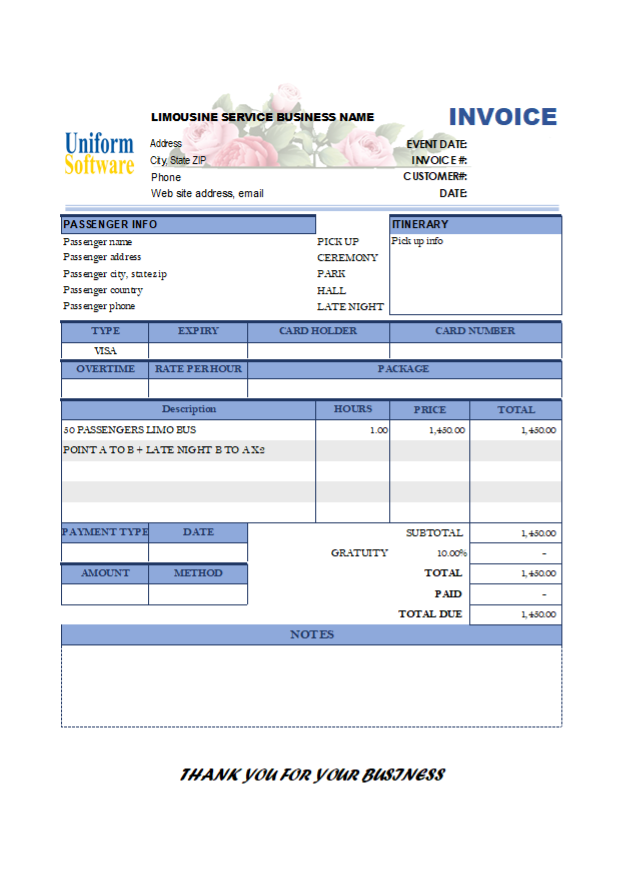 Limousine Service Invoice with Notes