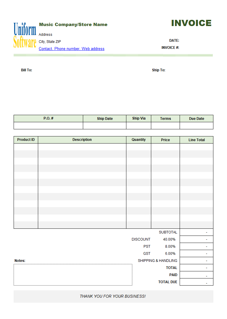 Music Store Invoicing Form (Wholesale)