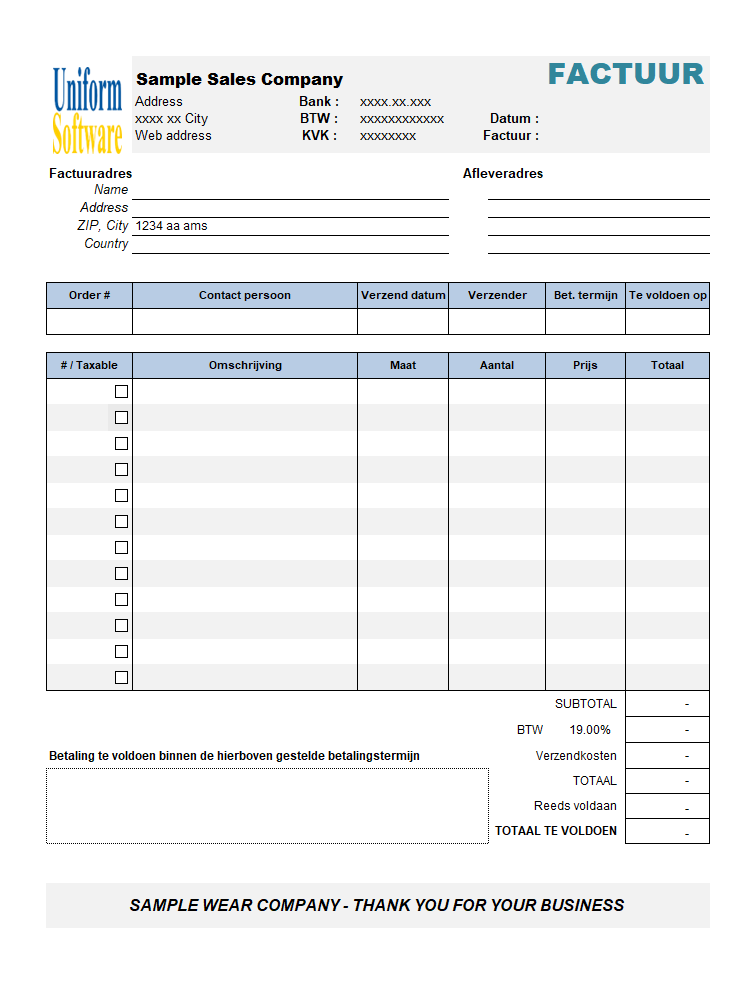 Netherlands Sales Invoice Template