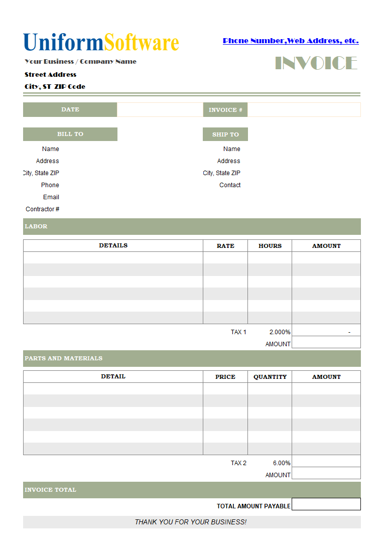 Parts and Labor Billing Format for Excel