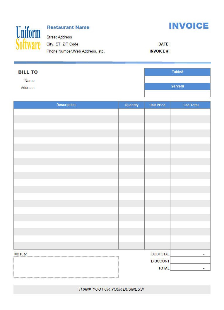 Restaurant Dining Invoice Template (No Tax)