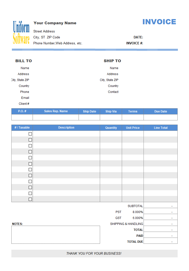 Free fillable sales invoice template in Excel
