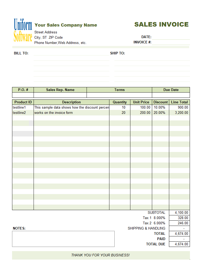 Sales Invoice Template with Discount Percentage Column